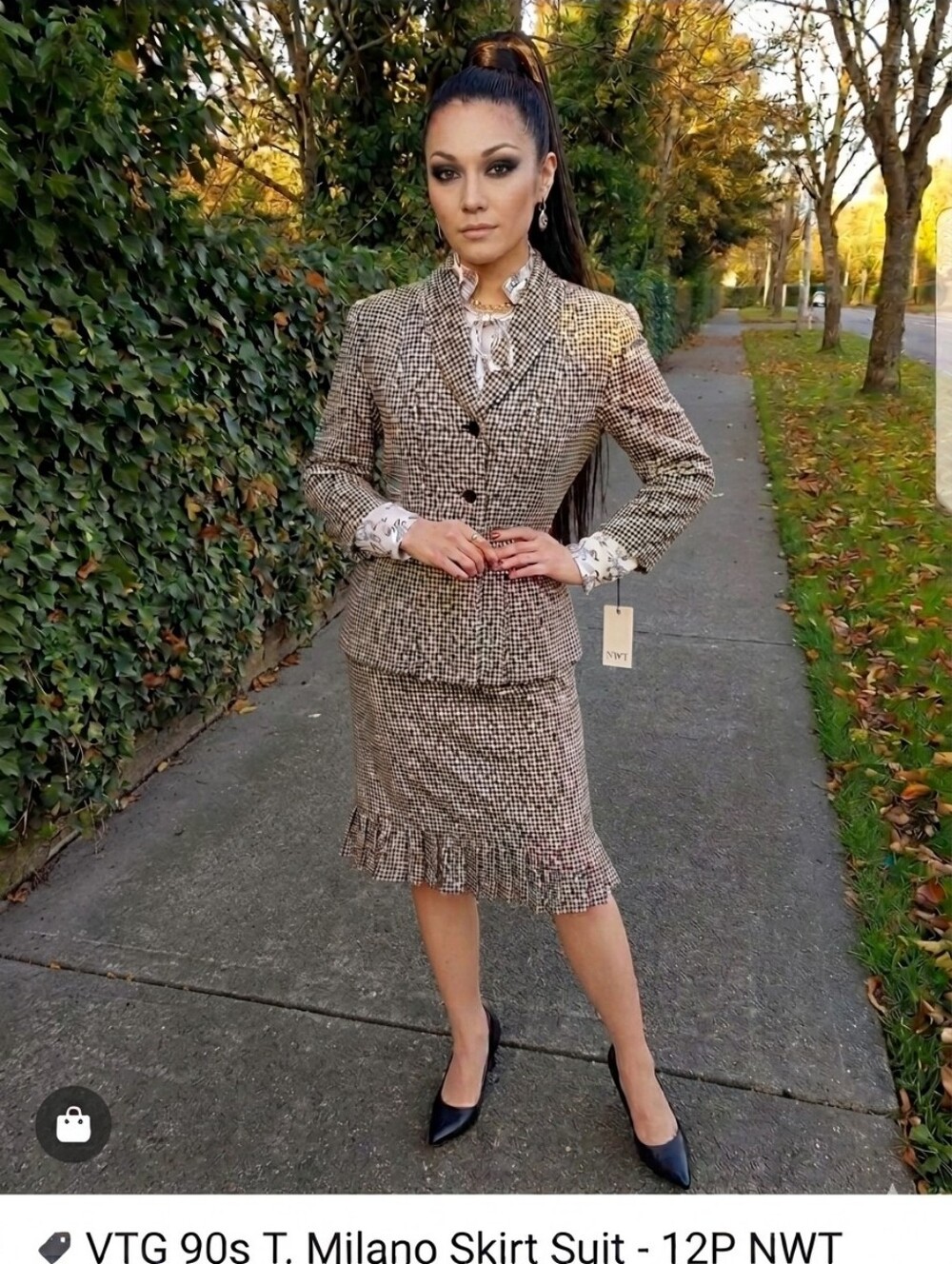 ​VTG 90s T. Milano Black & White Tweed Skirt Suit Set 12P NWT